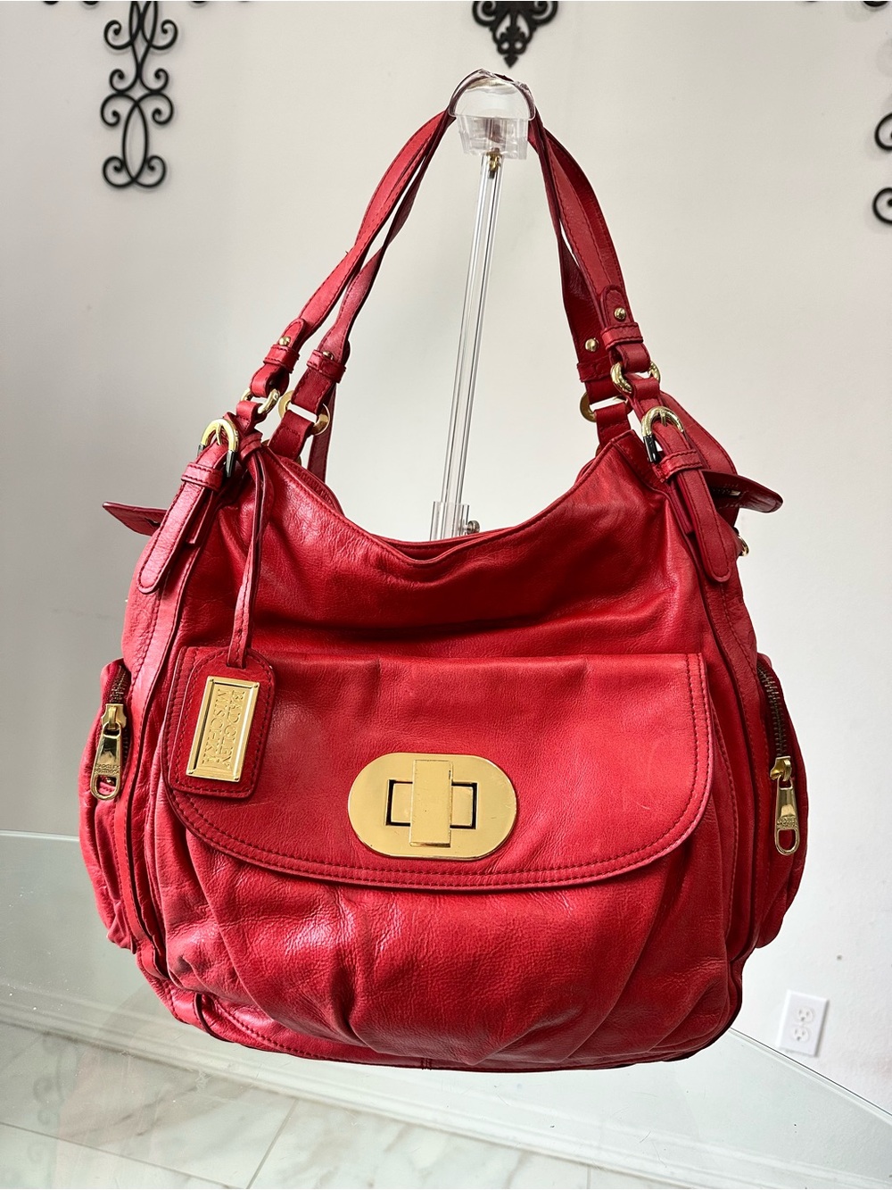 Badgley Mischka Red Leather Shoulder Bag with Gold Hardware